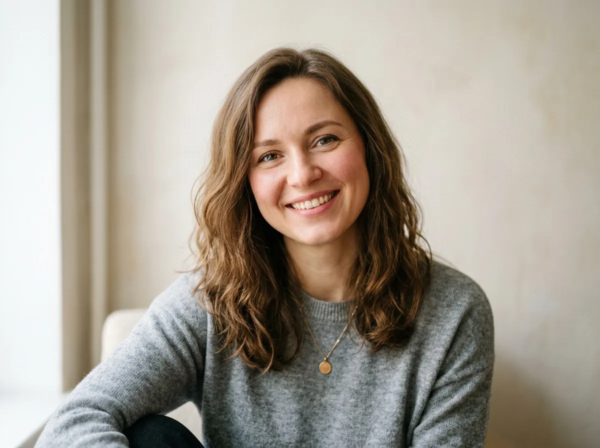 Аватар женщины около 30 лет, улыбается, нейтральный светлый фон, непринуждённый портрет