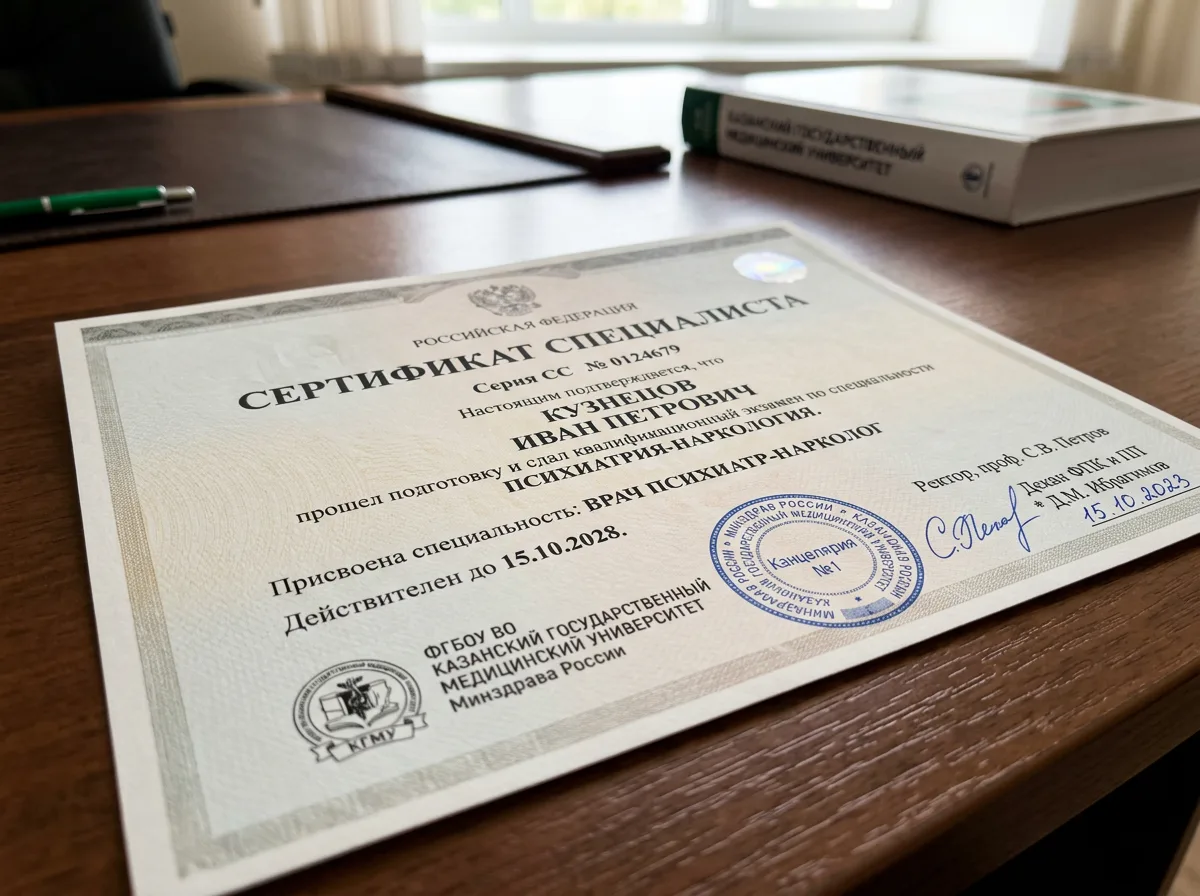 Сертификат специалиста по психиатрии-наркологии, официальный документ с печатью медицинского вуза и подписью, крупный план